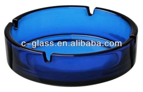 hand pressed blue round glass ashtray