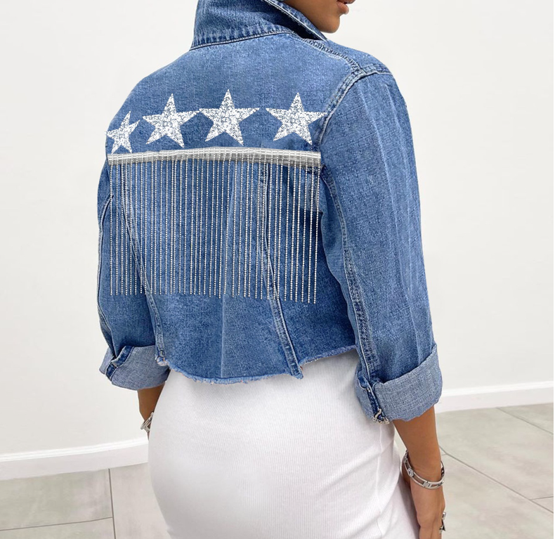 Women's denim jacket with fringe cropped