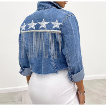 Women's denim jacket with fringe cropped