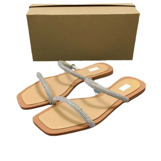 Designer Summer Slippers for Ladies Size 42: Stylish Beach Casual Footwear with Square Toe, Open Toe, Rhinestones, and Flat Sole