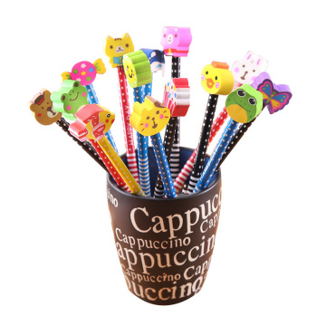 Black Smooth Wood HB Pencil with Animal Cartoon Eraser Topper - Cheap Price Promotional CMYK 7 Days Black Lead for School Students