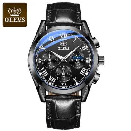 OLEVS Watch 2871 Multifunctional Sports Fashion Genuine Leather Wristwatch Chronograph Waterproof Luminous Men's Watch