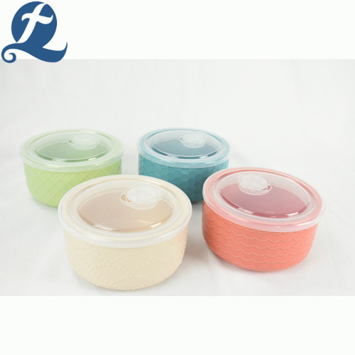 Emboss salad fruit storage ceramic bowl with lid