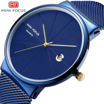 Mini Focus 0176 Luxury Ultra dünn blau Maschengurt Quarz Uhr mit Datum Funktion für Männer