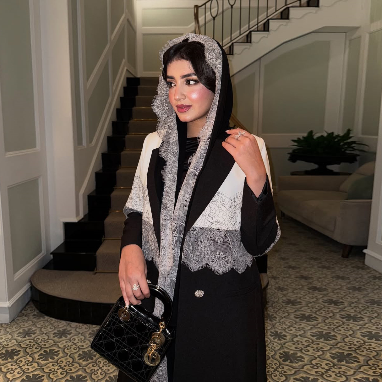 Lace Trim Open Abaya With Scarf Detail