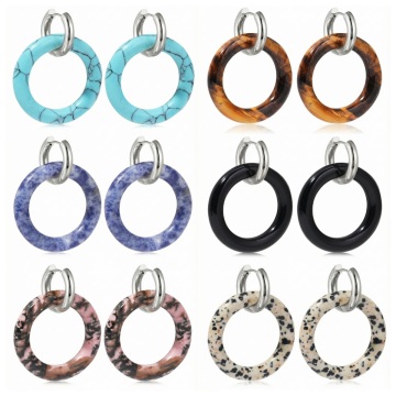 Gemstone Hoop Dangle Earrings 30MM Hollowed Round Crystal Beads Earrings with Stainless Steel Drop Earring for Women Girl