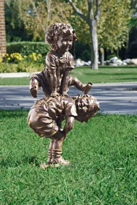 bronze two kids playing leapfrog statue for sale
