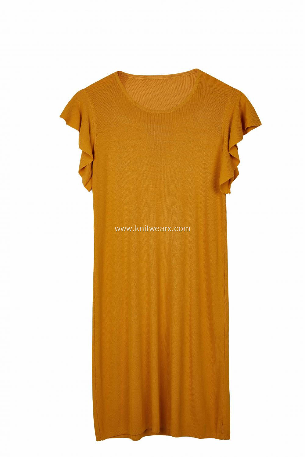 Women's Knitted Crew-Neck Flutter Sleeve Stretchable Dress