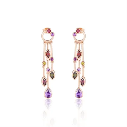 Long Tassels Multicolor Stone Silver Earrings