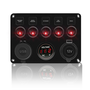 5 Gang Rocker Switch Panel With 4.2A Dual USB Slot Socket 12V Digital Voltage Display for Marine Boat Car Truck Waterproof