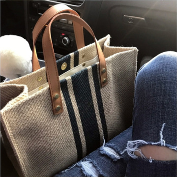 Women Canvas Striped Handbag Designer Tote Shoulder Bags Lady Casual Straw Messenger Bag Large Capacity OL Business Briefcase