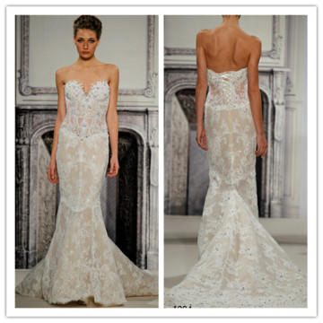 2014fashion Bridal Gown Sweetheart Long Train Lace up Lace Crystal Beaded Fit and Flare Wedding Dress