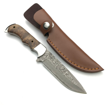 Coltello da caccia Damasco a lama fissa con manico in legno