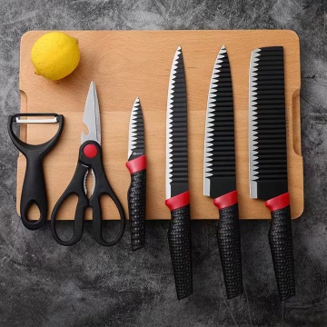 Stainless Steel Black Knife Set - 6-Piece Sharp Kitchen Tools with Non-Stick Ripple Finish