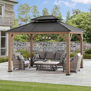 Sunjoy 10x12 ft. Cedar Wood Gazebo with Steel Hardtop and 2-Tier Metal Roof