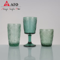 Green vintage textured leaves glass wine glass set