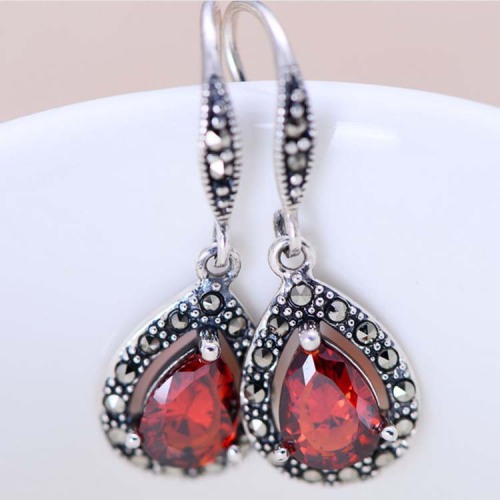 Sterling Silver Synthetic Garnet Marcasite Drop Earrings