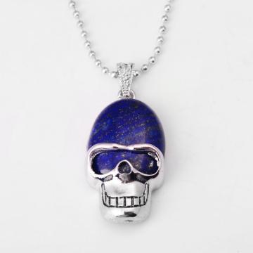 Lapis Lazuli Skull Gemstone Pendant Necklace with Silver chain