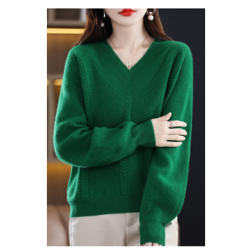 New V-neck solid color twist bubble sleeve sweater