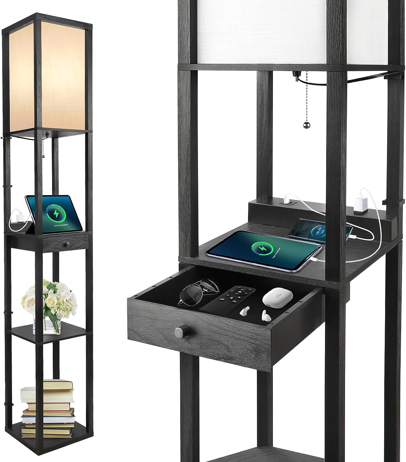 Shelf floor lamp with drawer USB