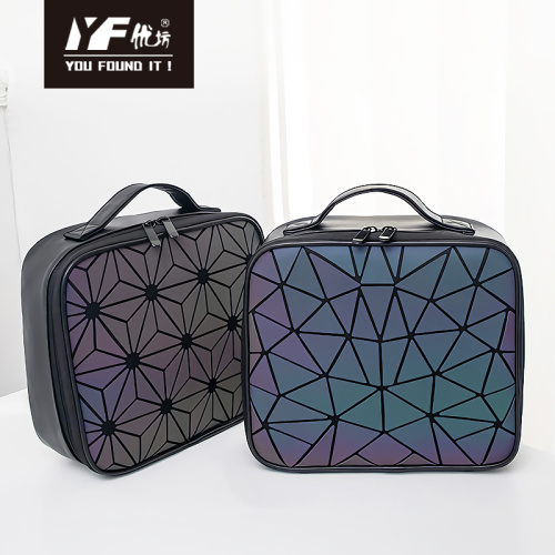 Cosmético PU cuero gran capacidad de viaje colgando bolsa de maquillaje rombico holograma láser luminoso bolsas