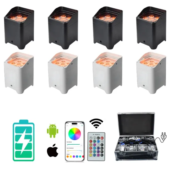 8pcs 6x18W Wireless Battery-Powered DMX Controlled LED Par Can Uplight Stage Lights with Rechargeable Flight Case