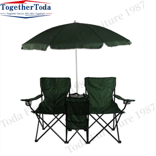 Collapsible outdoor double camping chair with sun umbrella