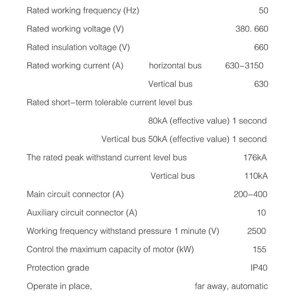 3 Main technical parametersof switch cabinet