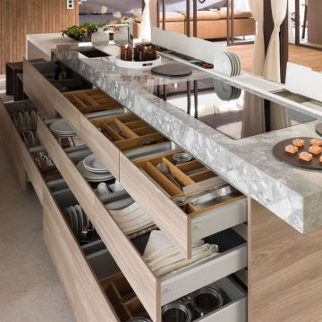 Luxury Stone Kitchen Counter with Integrated Sink and Wooden Marble Bar Island