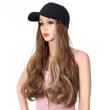 Long Synthetic Baseball Hair Wig Natural Black / Brown Wave Wigs 20inch Naturally Connect Hat Wig Adjustable For girl party