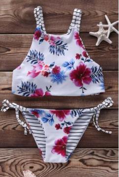 Sexy Halter Floral Print String Bikini Set For Women