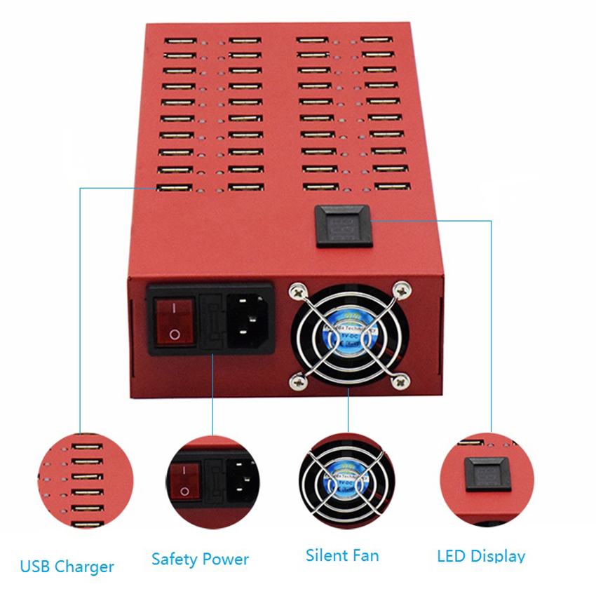 Carregador vermelho de mesa de 40 portas 300W com luz