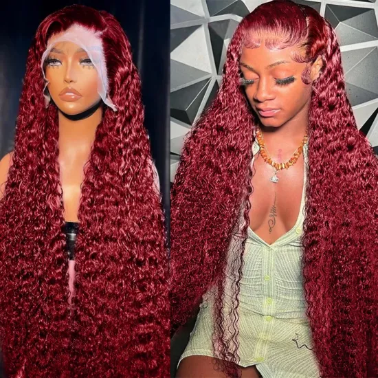 99J Burgundy HD Lace Closure Wig - Pre Plucked Deep Wave Swiss Lace Virgin Indian Hair Wigs Wholesale