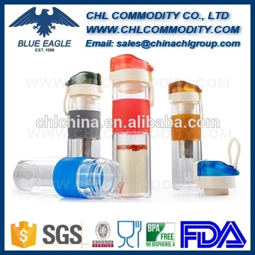 Double wall drinking glass water bottle with flip top lid