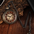 Vintage Hout Cirkel Gesneden Nummer Wijzerplaat Mechanisch Zakhorloge Mannen Unieke Hollow Steampunk Brons Mechanische Klok Horloge ketting:
