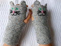 Crochet kucing kelabu Tweed Fingerless Mittens sarung tangan