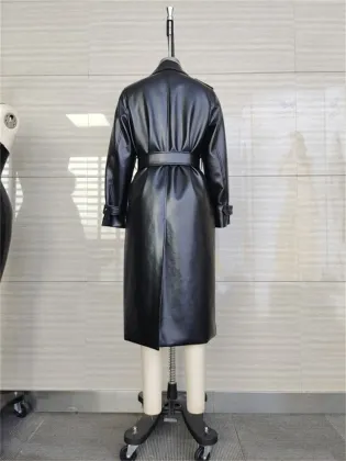 Ladies 100% PU Smooth Black Waterproof Trench Coat