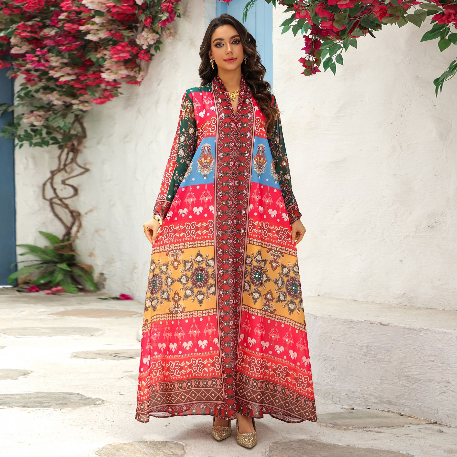 Colorful Ethnic Print Rhinestone Batwing Modest Maxi Dress