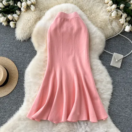 LW0250 High Waist Knitted Skirt Women's Winter 2024 Elastic Lotus Fishtail Skirt