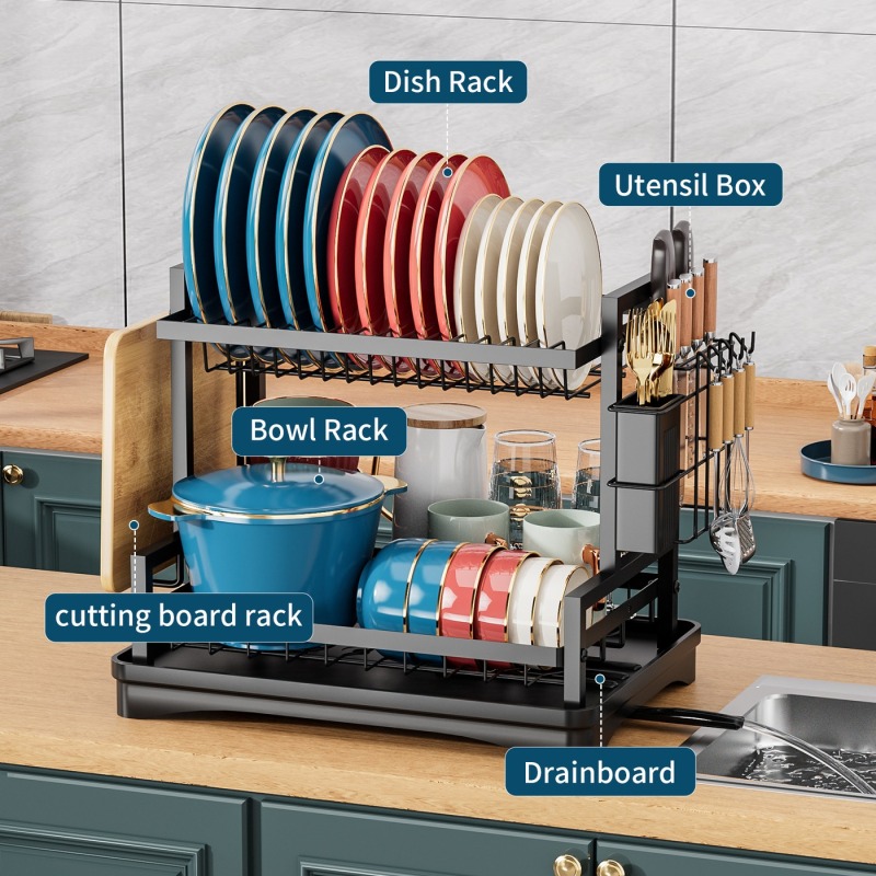 2 Tier Carbon Steel Dish Drying Rack Kitchen Countertop Bowl and Cutlery Organizer