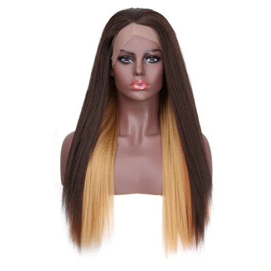High Quality Straight Long Fake Scalp Coloured Ombre Ginger Fiber Blend Blonde Cheap Lace Front Synthetic Hair Wigs