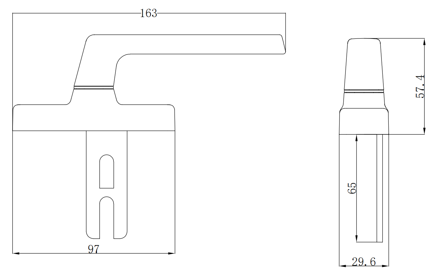 BC317 aluminum window handle technical drawing showing lever length, fixing width, and mounting geometry