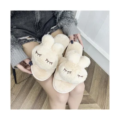 Women fur slippers Female indoor home lovely cartoon rabbit fur slippers Non-slip warm plush slides slippers