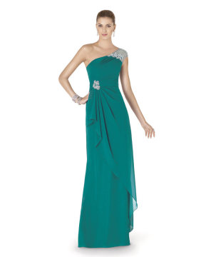 2015 Vestido Longo De Festa Imported Chiffon Beaded One Shoulder Green Dress Party Evening Elegant