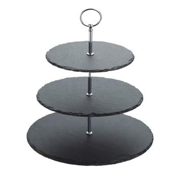 Factory Wholesale Natural Slate 3-Tier Round Cake Stand with Handle