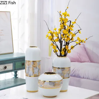 Painted Ceramic Vases Desk Decor Tabletop Vase Golden Strokes Porcelain Storage Jar Flower Arrangement Home Decoration Modern