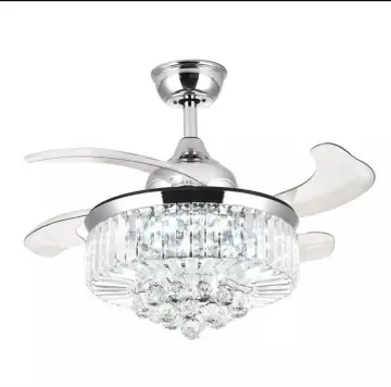 Invisible Retractable Blade Crystal Ceiling Fan Light with 3-Color Change LED
