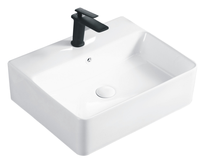 Bacino da controsoffitto del bagno bianco con foro del rubinetto