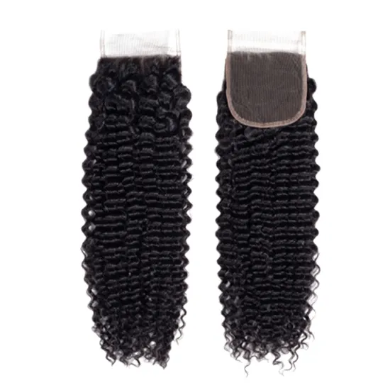 hair extension products  cuticle aligned Peruvian human hair natural color kinky curly 4x4 closure