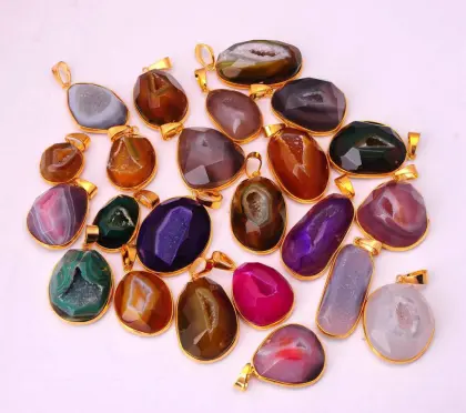 Blue Agate Pendant plated Gold Wrapped